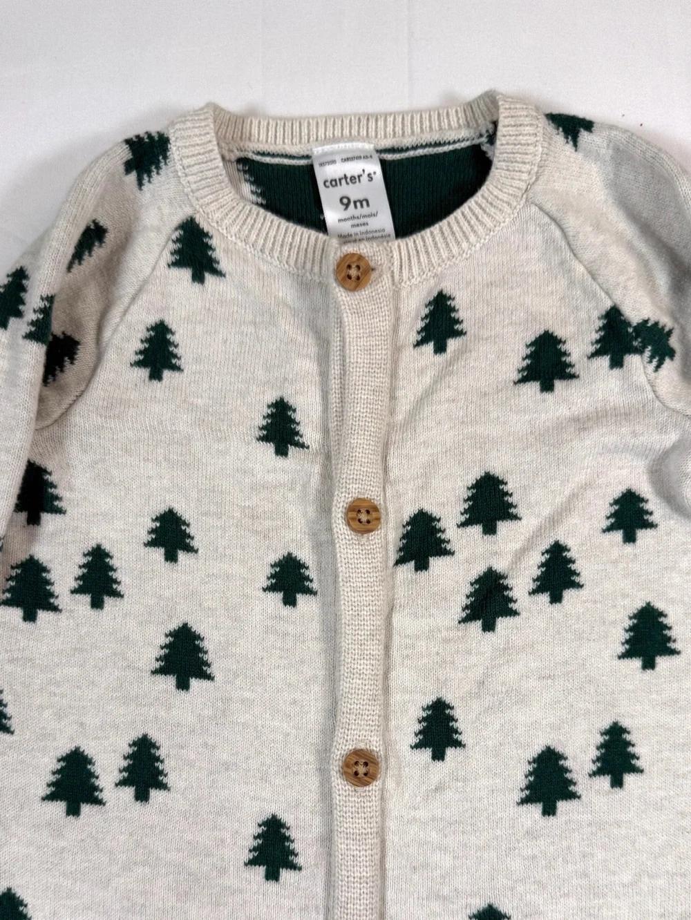 CARTER’S Baby Tree Print Knit One Piece Romper 9M Cream Button Front Cotton